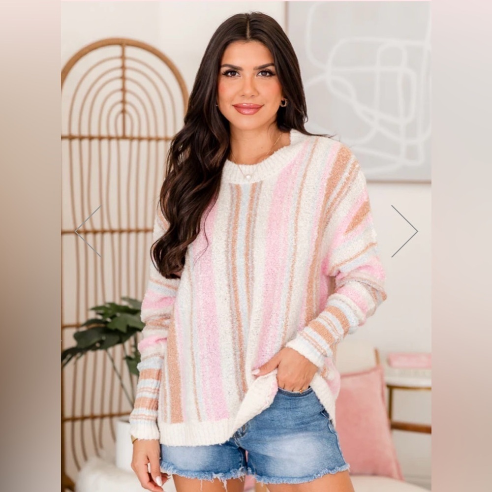 NWOT Pink Lily Wide Neck Fuzzy Striped Sweater